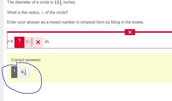 The diameter of a circle is 1213 inches. What is the radius, r, of the circle? Enter-example-1