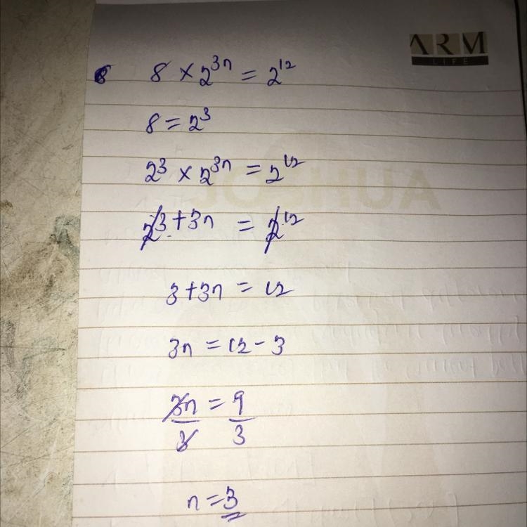 Find the value of n. 8 × 2^3n = 2^12 6th grade math help me ​-example-1