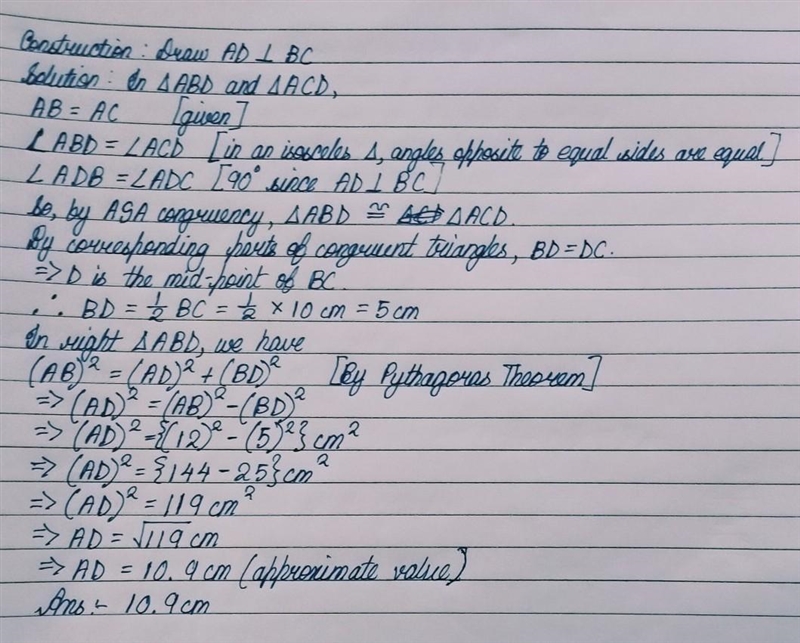 Q1) ABC is an isosceles triangle AB=AC=12 cm. BC =10 cm. Calculate the perpendicular-example-2