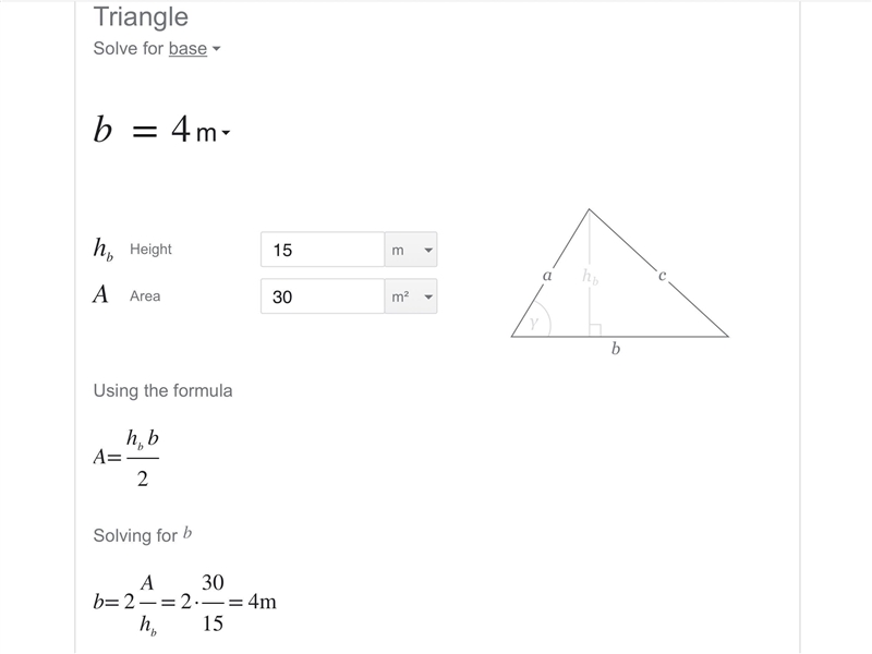 Find the base of a triangle if the height is 15m and the area is 30m^2. Please and-example-1