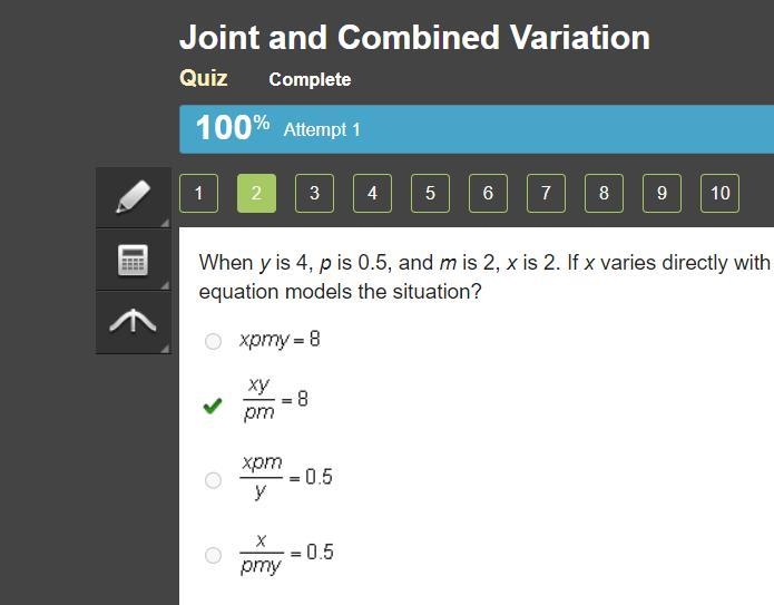 When y is 4, p is 0. 5, and m is 2, x is 2. If x varies directly with the product-example-1