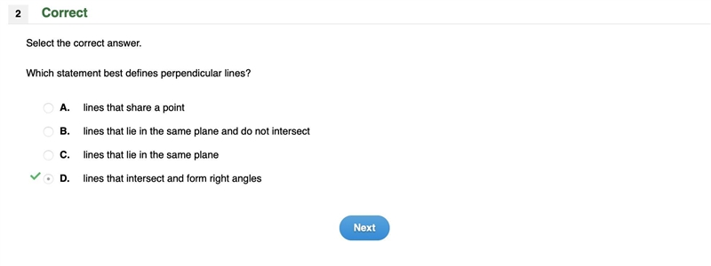 Select the correct answer. Which statement best defines perpendicular lines? A. lines-example-1