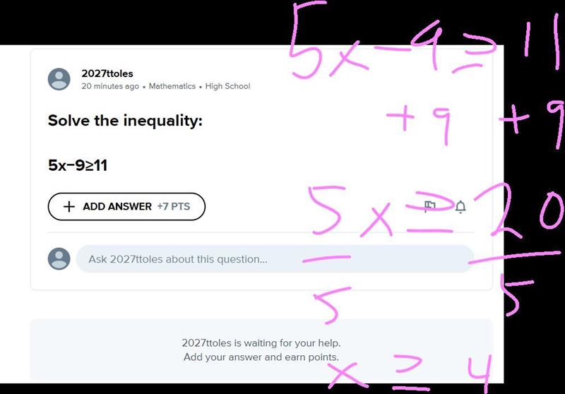 Solve the inequality: 5x−9≥11-example-1