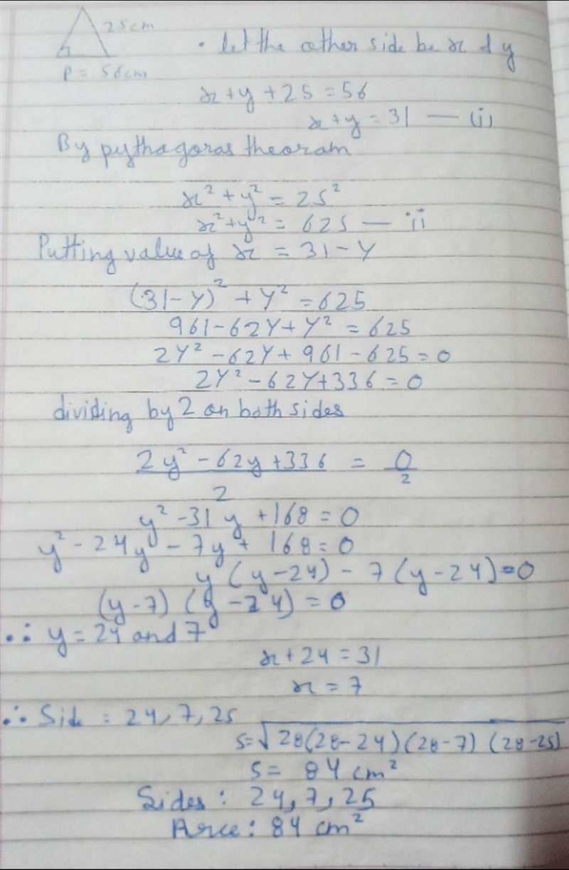 The perimeter of a right angled triangle is 56cm. If the hypotenuse is 25cm, calculate-example-1