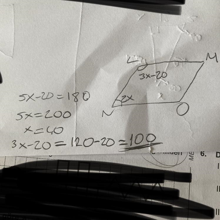 Parallelogram L M N O is shown. Angle N is (2 x) degrees and angle L is (3 x minus-example-1