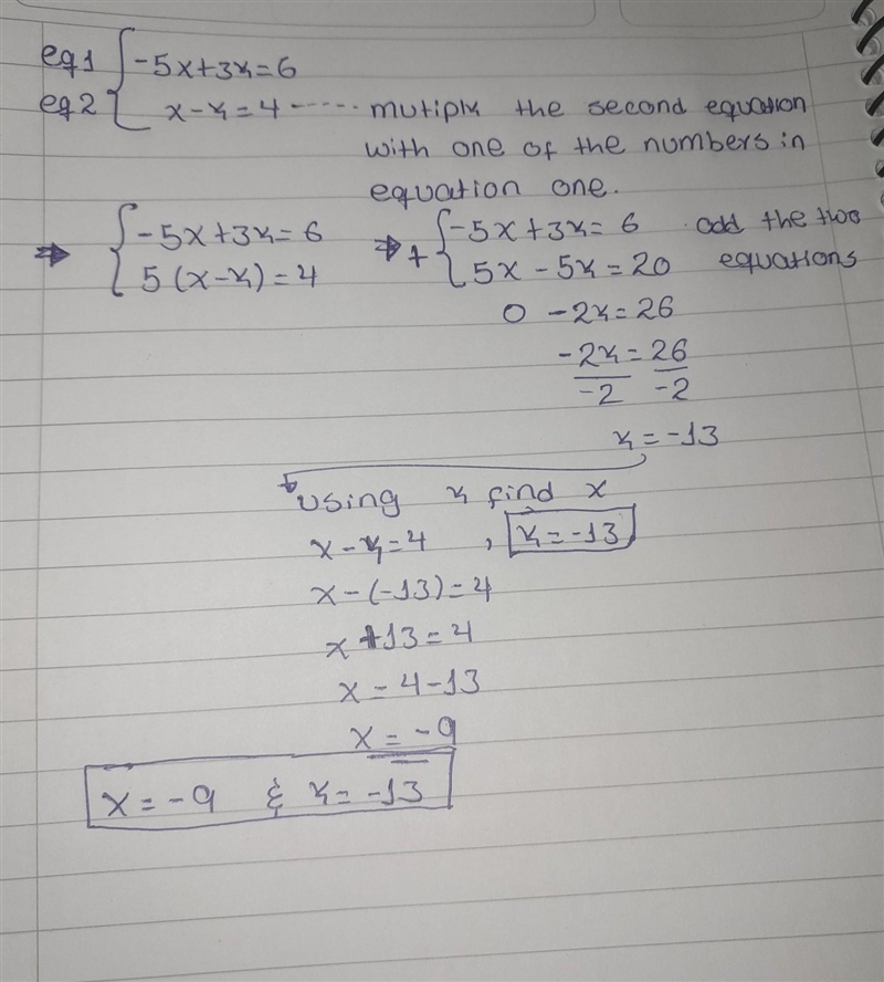 Solve each system by eliminantion: -5x+3y=6 x-y=4-example-1