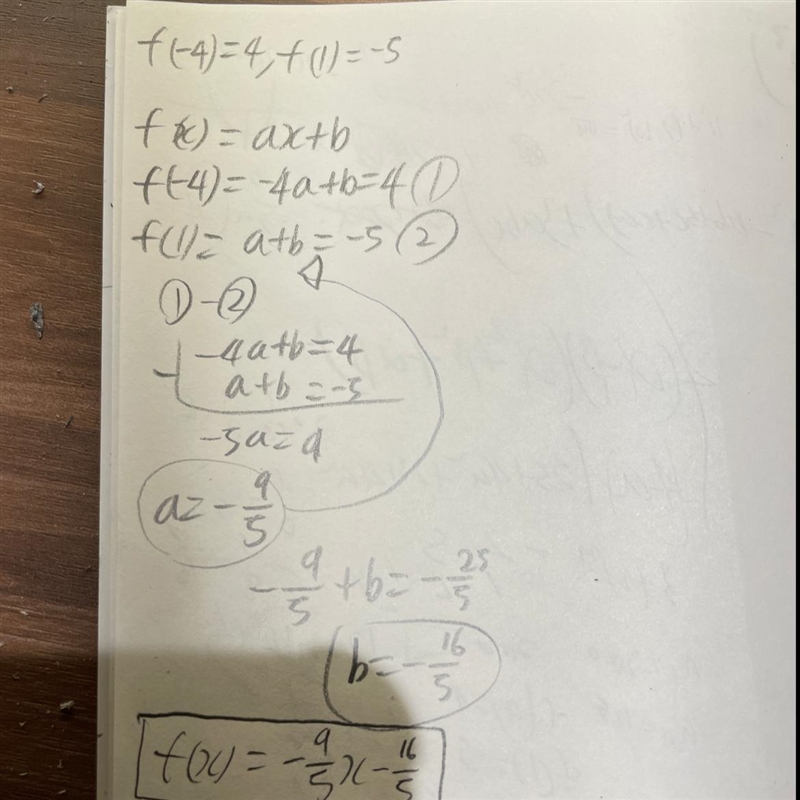 == If f(x) is a linear function, f( – 4) = 4, and f(1) = – 5, find an equation for-example-1