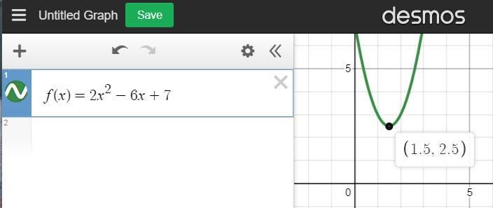 Find the vertex of the quadratic function f(x) = 2x^2 - 6x + 7 A.) (0, 7) B.) (1, 2) C-example-1