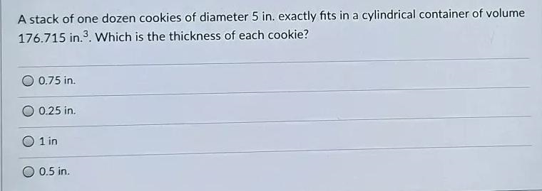 A stack of one dozen cookies of diameter 5 in,.....-example-1