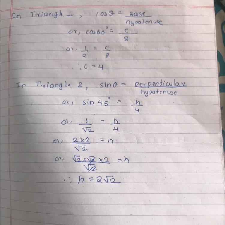 For the right triangles below, find the values of the side lengths c and h. Round-example-1