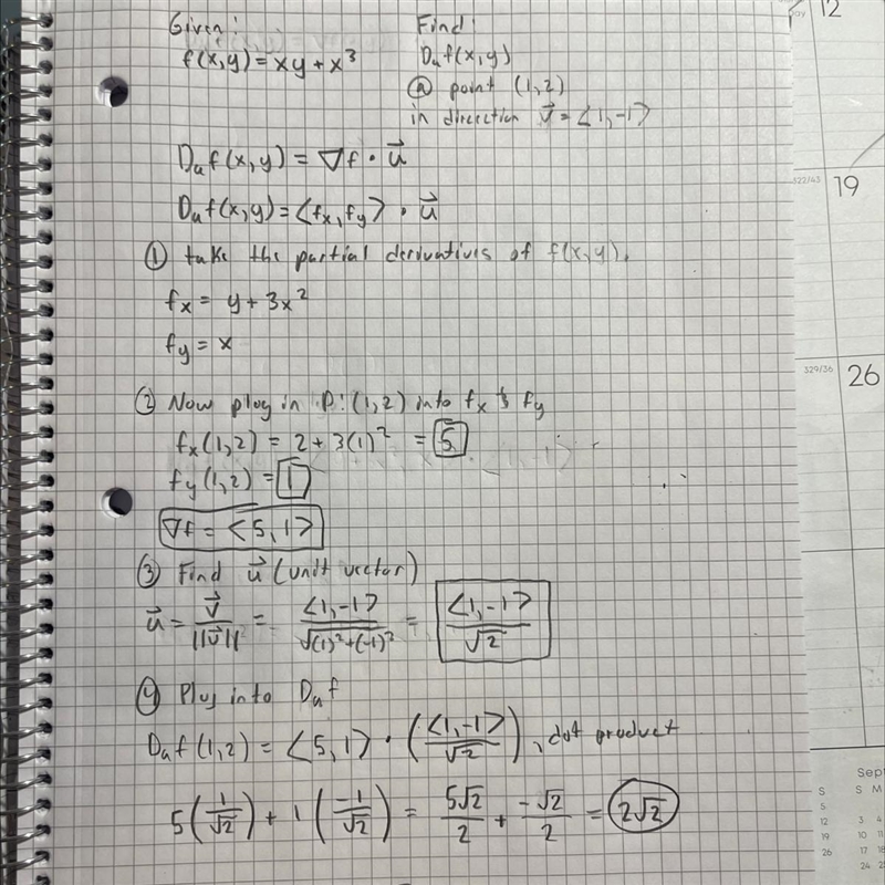 Compute the the directional derivative Da(f) of f(x, y) = xy + x³ at the point (1, 2) and-example-1