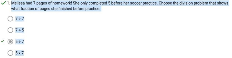 Melissa had 7 pages of homework! She only completed 5 before her soccer practice. Choose-example-1