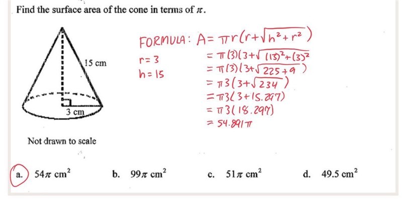 Find the surface area of the cone in terms of pi. 15cm 3cm-example-1