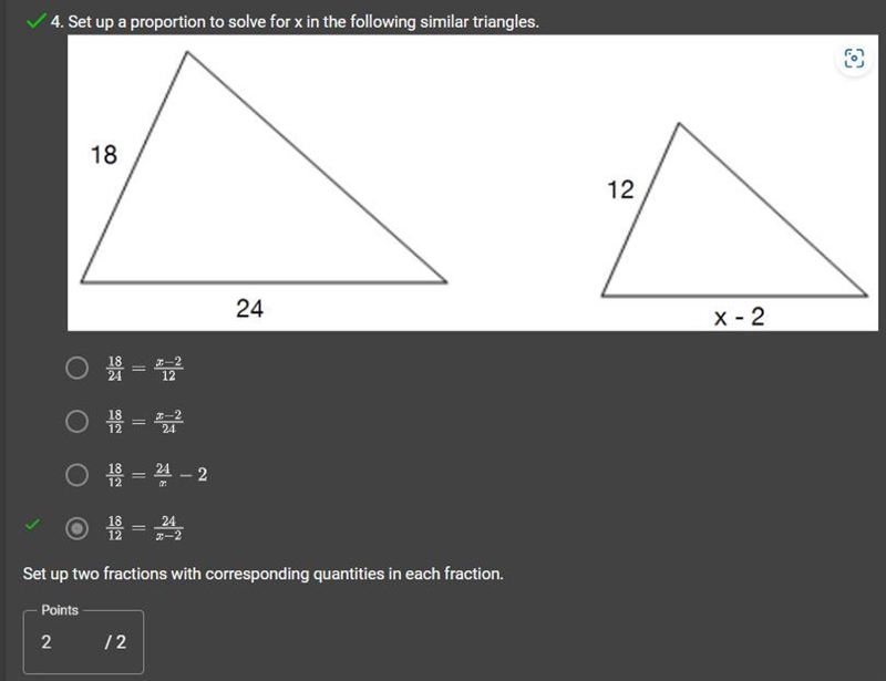 Set up a proportion to solve for x in the following similar triangles-example-1