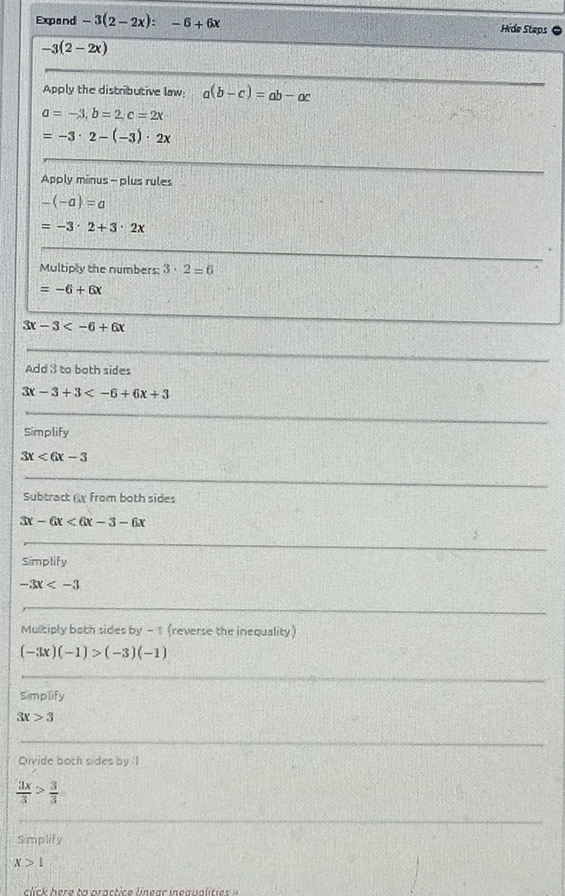 Solve the inequality. ہے 3(x-1)<-3(2-2x)-example-1