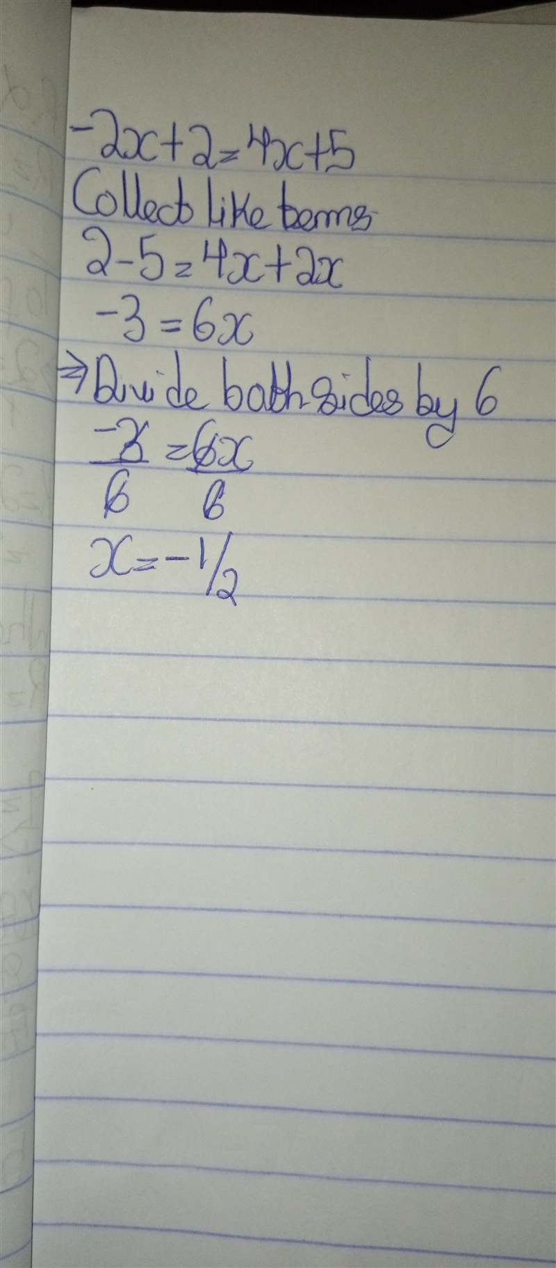 Rewrite the equation as a variable equal to a constant: -2x+2=4x+5-example-1