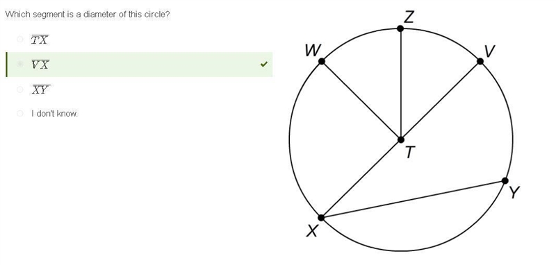 Which segment is a diameter of this circle? TX¯¯¯¯¯ VX¯¯¯¯¯¯ XY¯¯¯¯¯¯ I don't know-example-1