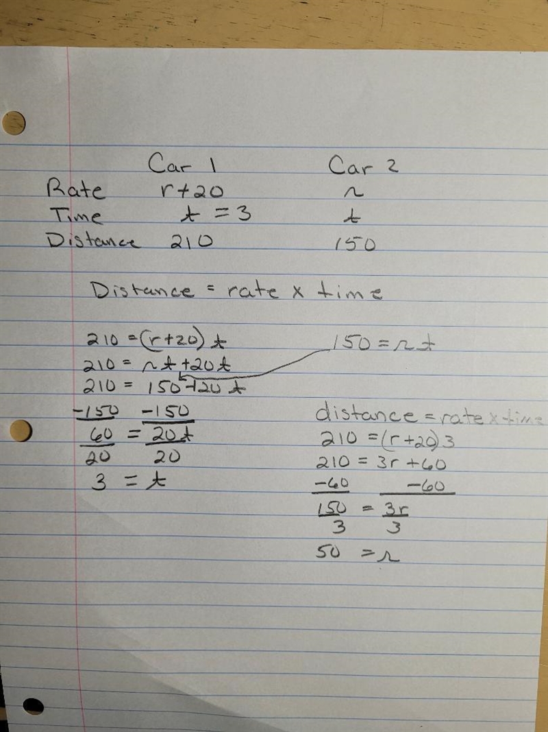 One car traveled 210 miles and drove 20 mph hour faster than a second car drove 150 miles-example-1