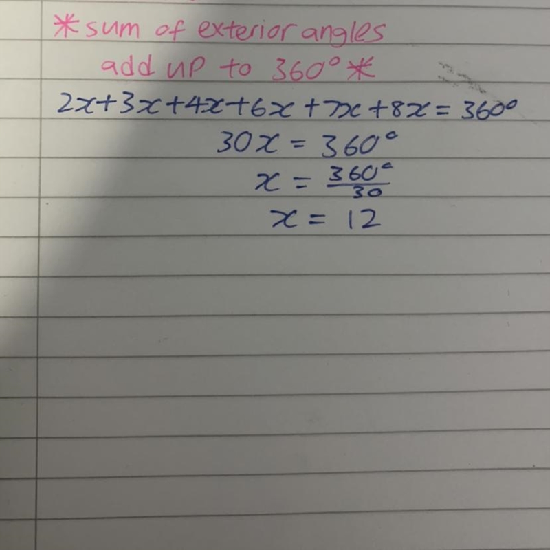 The measures of the exterior angles of a hexagon are 2x, 3x, 4x, 6x, 7x, and 8x. solve-example-1