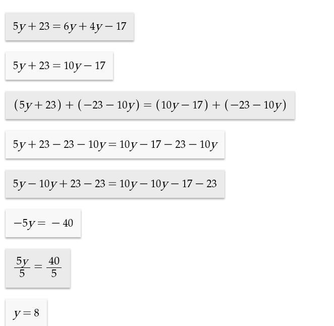 How to solve 5y+23=6y+4y-17-example-1