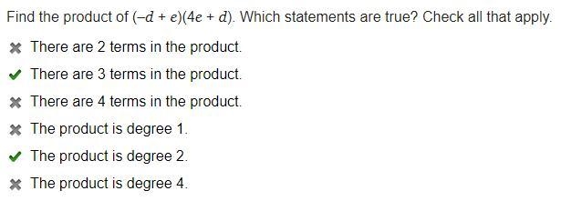 Find the product of (–d + e)(4e + d). Which statements are true? Check all that apply-example-1