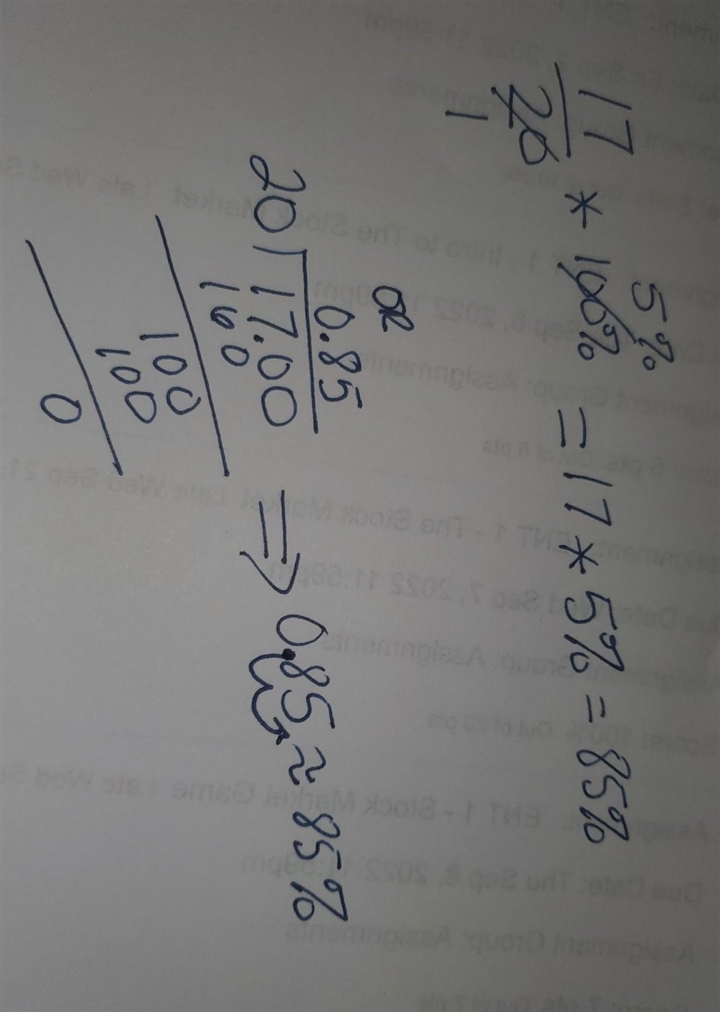 Write each fraction as a percent 17/20-example-1