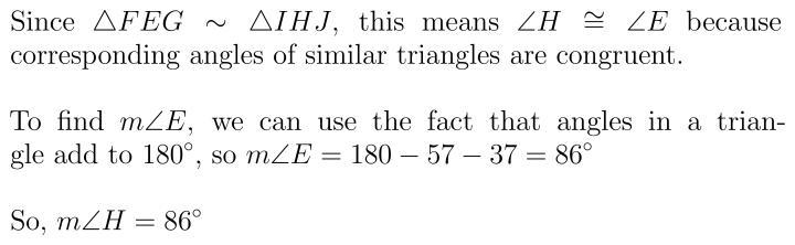 E H 36 X + 10 57° 370 (5y + 7)º G 60 F J 36 1 Triangle FEG is similar to triangle-example-1