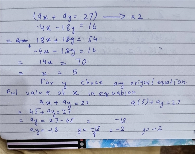 Solving by elemination (algebra 2) 9x+9y=27 -4x-18y=16-example-1