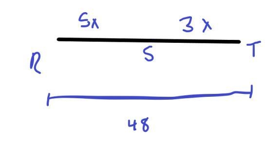 Find the value of x and rs if s is between r and t rs = 5x, st = 3x, and rt = 48-example-1