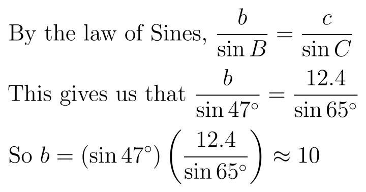 Given triangle ABC in which angle B = 47 degrees, angle C = 65 degrees and c = 12.4cm-example-1