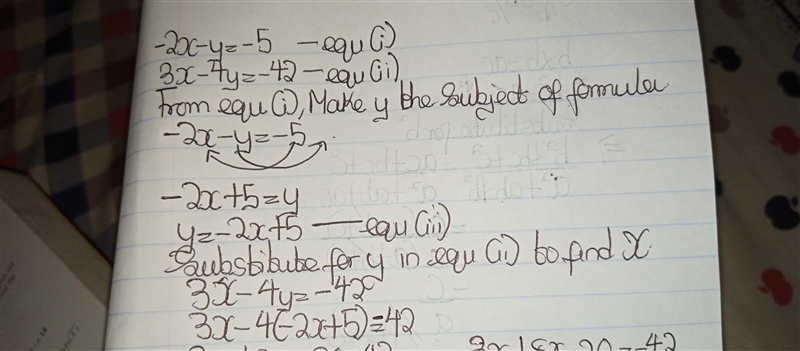 Solve the system of equations -2x-y=-5 and 3x-4y=-42 by combining the equations. when-example-1