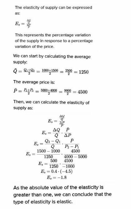 Using the formula. Compute the elasticity of supply. 1. P1 = 5,000 P2 = 4,000 Qs1 = 1,000 Qs-example-1