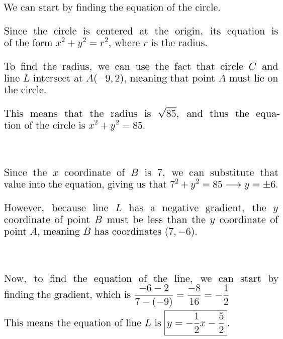 C is a circle with centre (0,0) L is a straight line with negative gradient. The circle-example-1