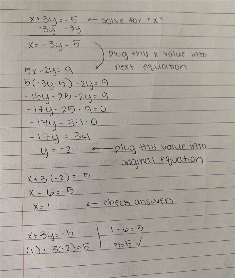 5. Solve the system: x + 3y = -5 5x - 2y = 9-example-1