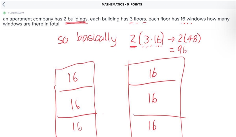 an apartment company has 2 buildings. each building has 3 floors. each floor has 16 windows-example-1