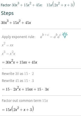 How do I factor this polynomial? (30x^3 + 15x^2 + 45x)-example-1