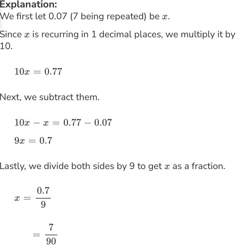 0.07 recurring as a fraction and then to covert 0.47 where only 7 is recurring to-example-1