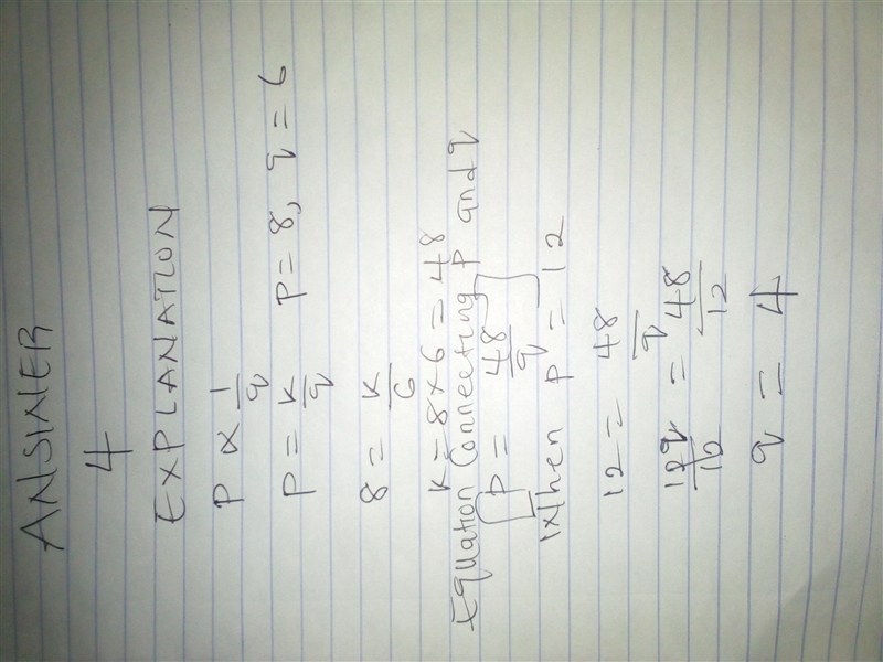 I p and q vary inversely and p is 8 when q is 6, determine q when p is equal to 12.-example-1