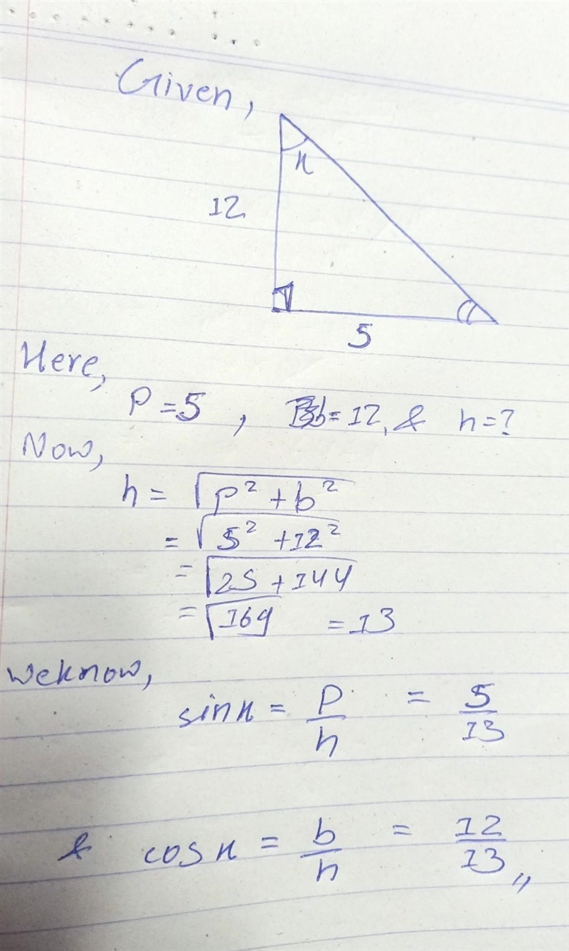 Consider the right triangle shown. what are the values of sin x and cos x? A. sin-example-1