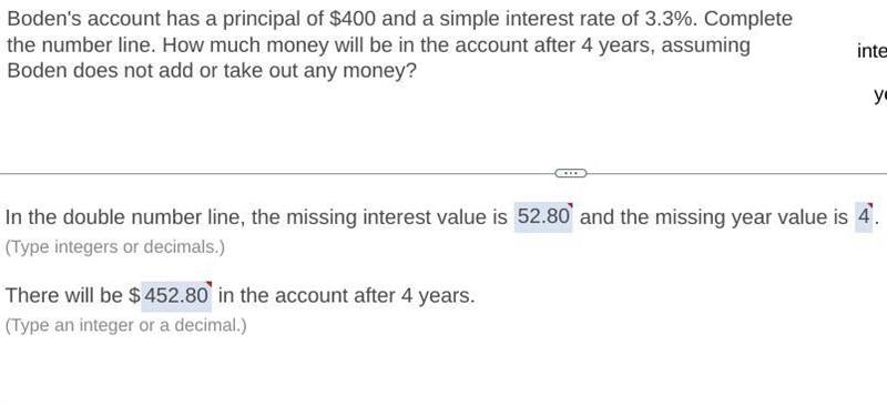 Boden's account has a principal of ​$600 and a simple interest rate of 3.3​%. Complete-example-1