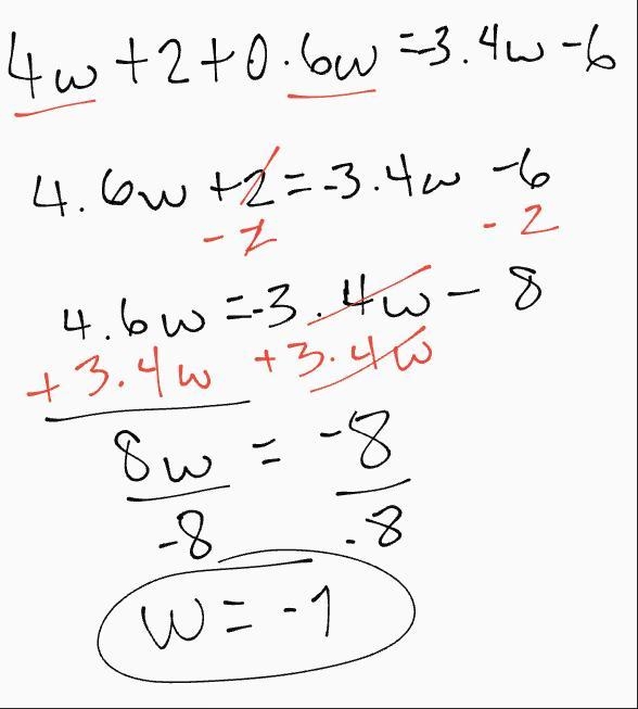 Solve the equation for w. 4w + 2 + 0.6w = −3.4w − 6-example-1