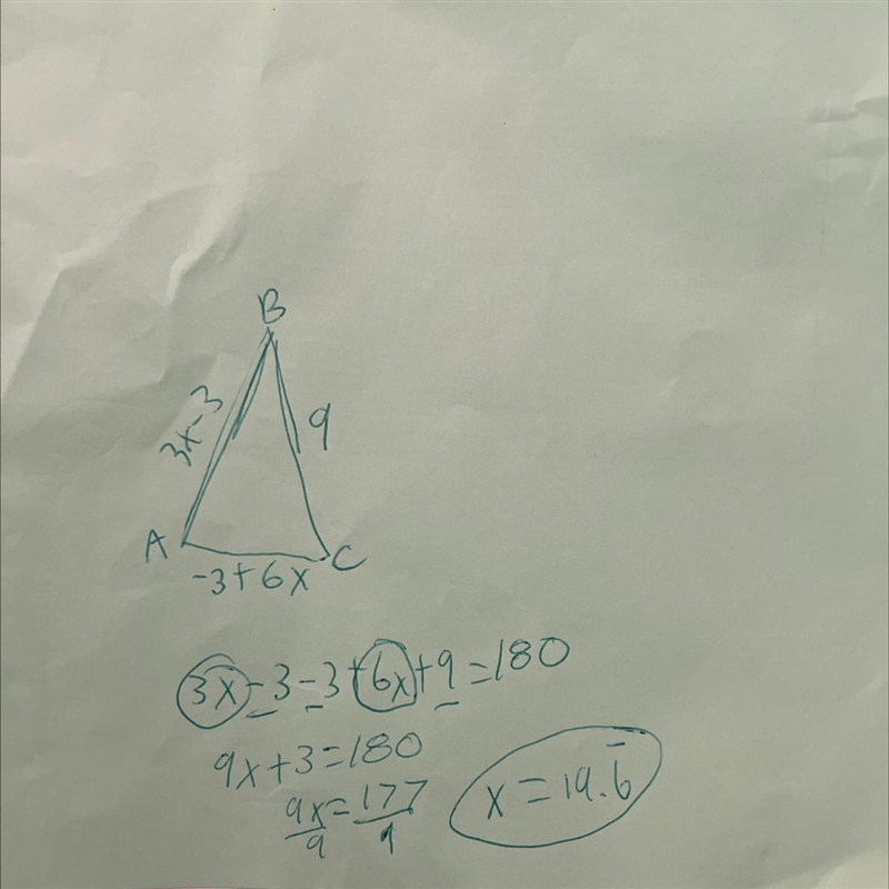 AC = -3 + 6x, AB = 3x - 3, and BC = 9. Find x.-example-1