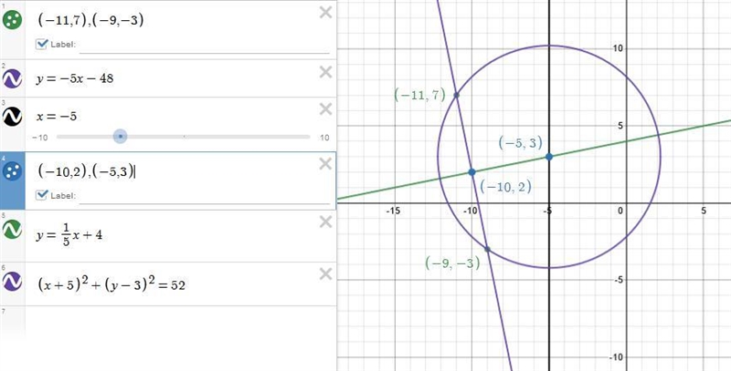 Two points on a circle are points A(-11,7) and B(-9,-3) 1. Determine the equation-example-1