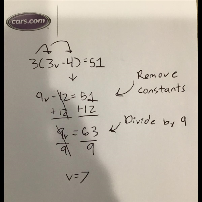 3(3v - 4) = 51 solve for v simplify your answer as much as possible-example-1