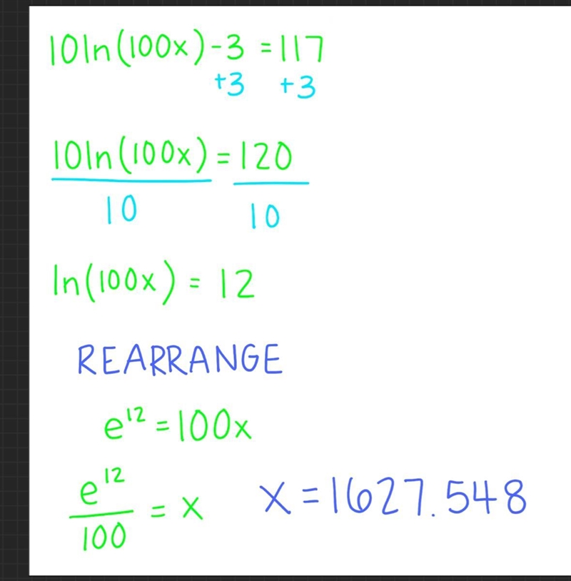 Solve the equation: 10 ln(100x) – 3 = 117-example-1