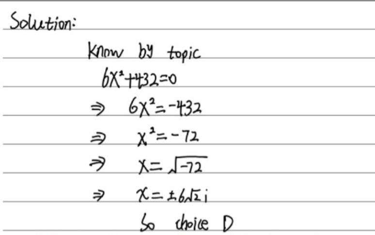 Select the correct answer. What are the possible values of x in 6x2 + 432 = 0?-example-1