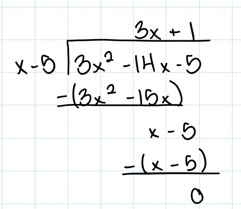 (X-5)\(3x^2-14x-5) solve by polynomial long division-example-1