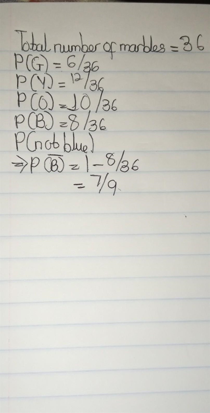 A bag contains 8 blue marbles, 6 green marbles, 12 yellow marbles, and 10 orange marbles-example-1