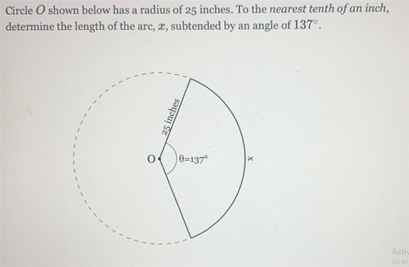 Circle O shown below has a radius of 25 inches. To the nearest tenth of an inch,determine-example-1