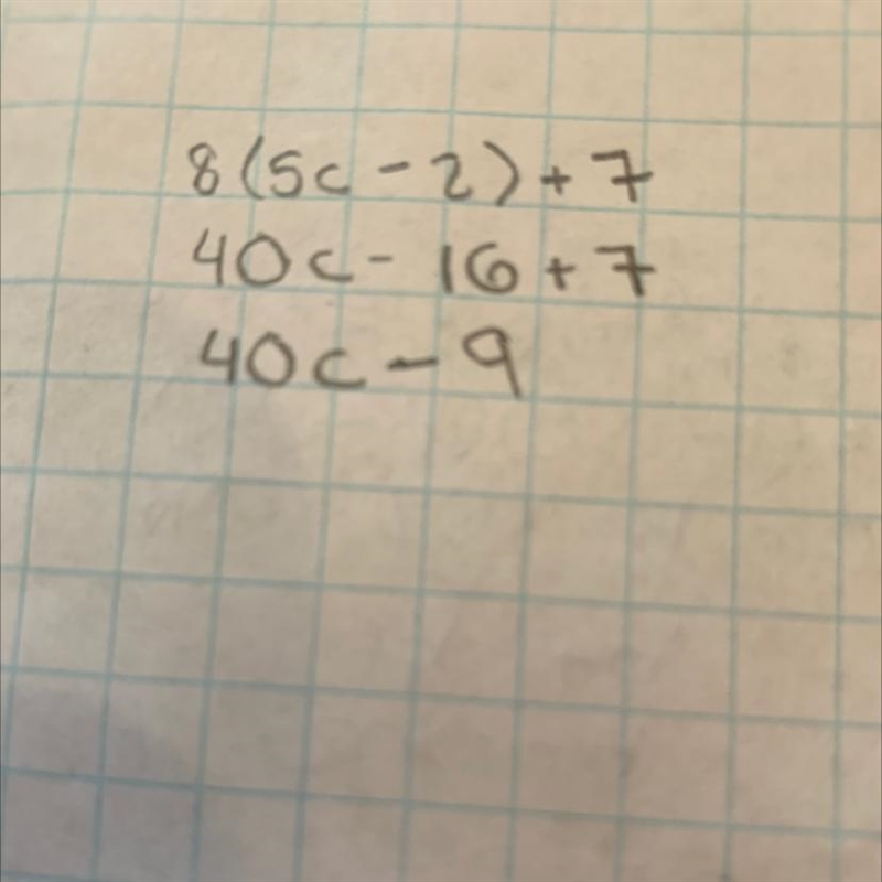 Expand the brackets and simplify the equation: 8(5 c-2) + 7-example-1